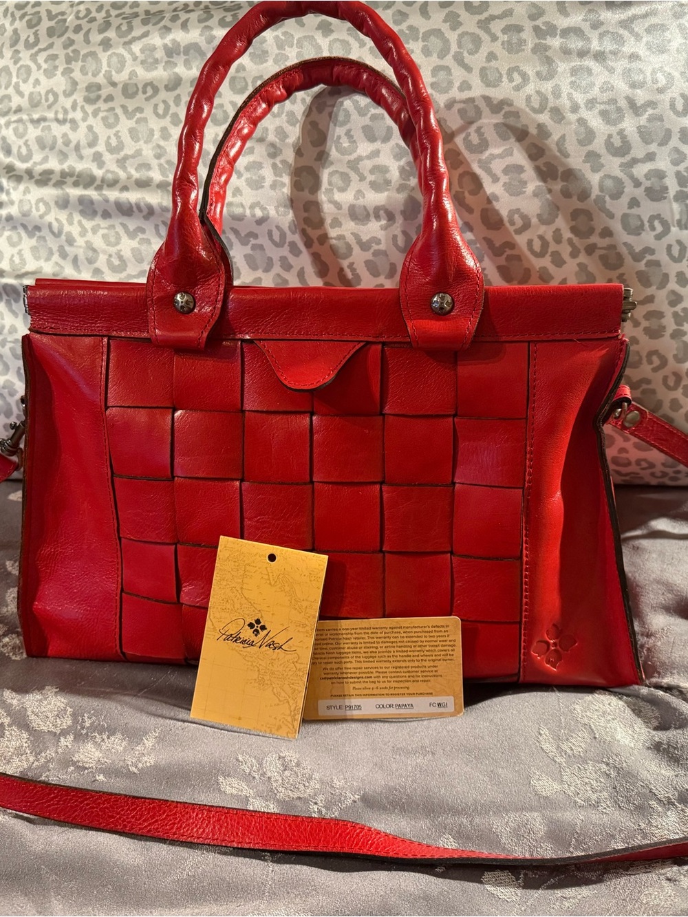 Patricia Nash Red Woven Leather Satchel with Top Handles